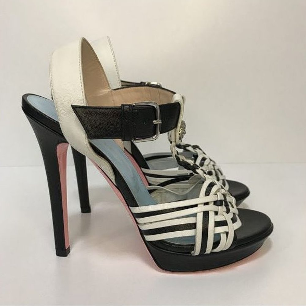 VERSACE Women's Braided Leather Multicolor Heel Sandals Size 37.5 (US 7.5)
